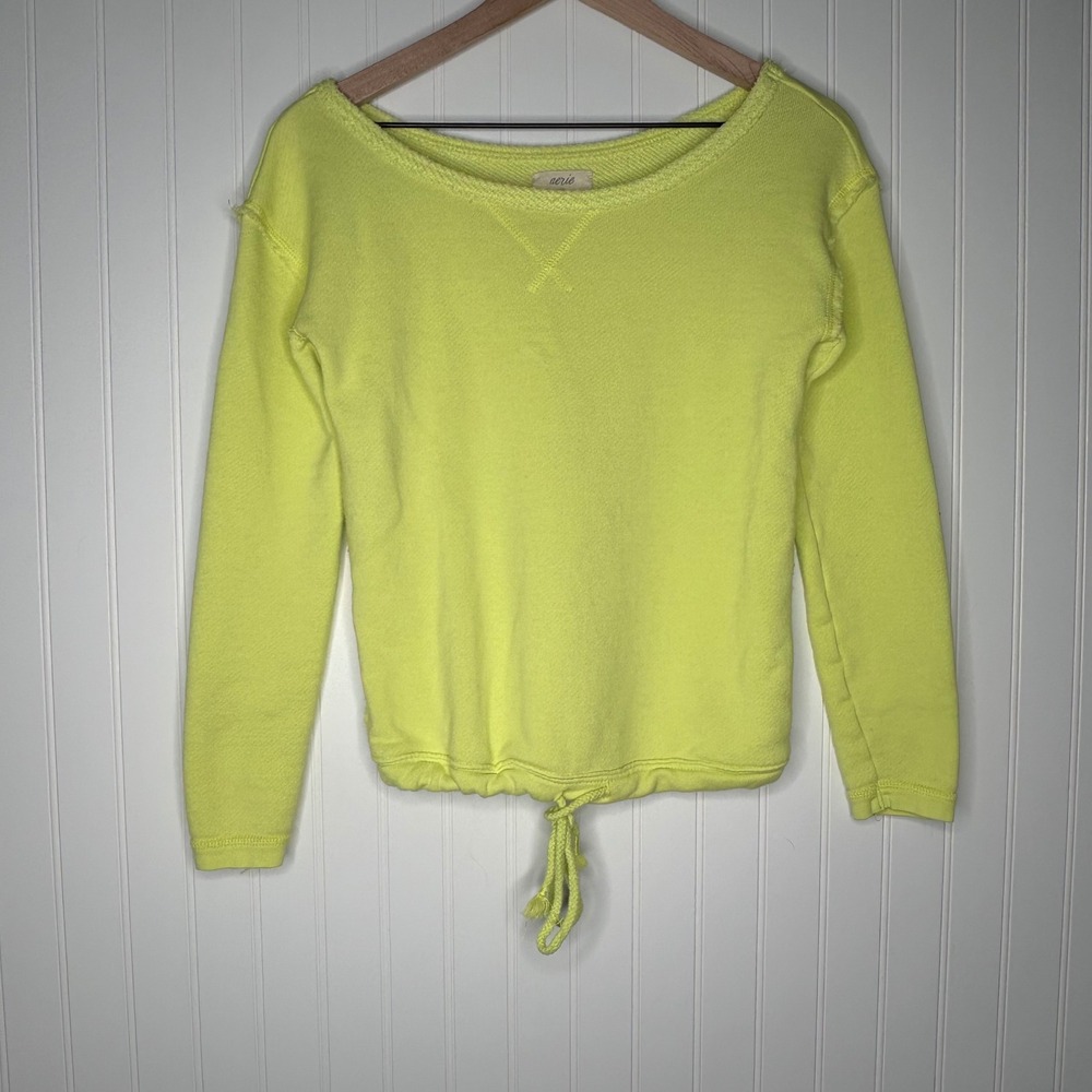 Aerie Women's S Neon Lime Yellow Off Shoulder Cropped Sweatshirt Drawstring